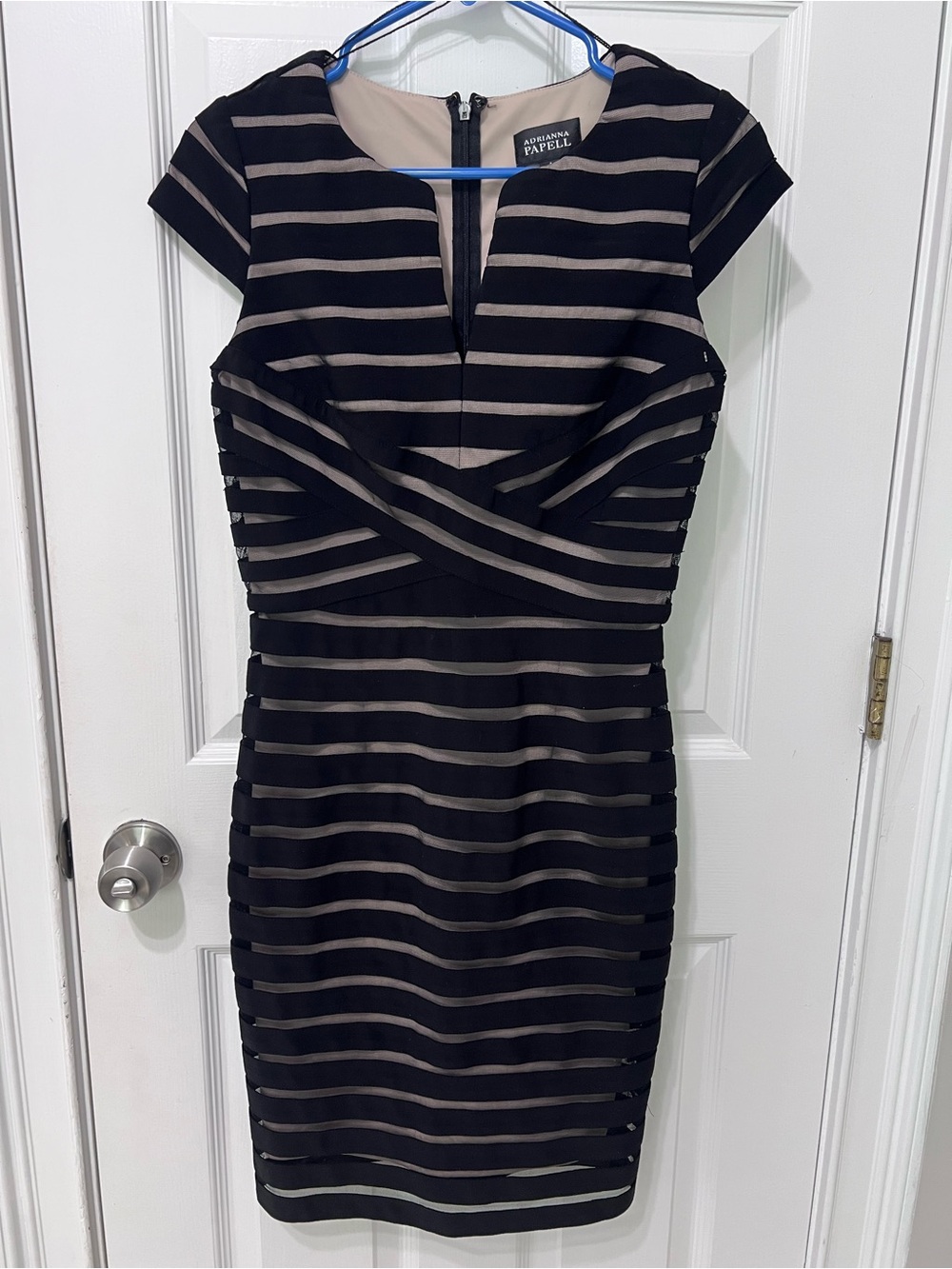 Adrianna Papell Black and Taupe Striped Midi Sheath Dress